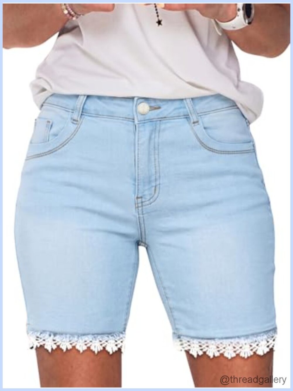 Lace Trim Bermuda Jean Shorts Raw Hem Mid Rise Cotton